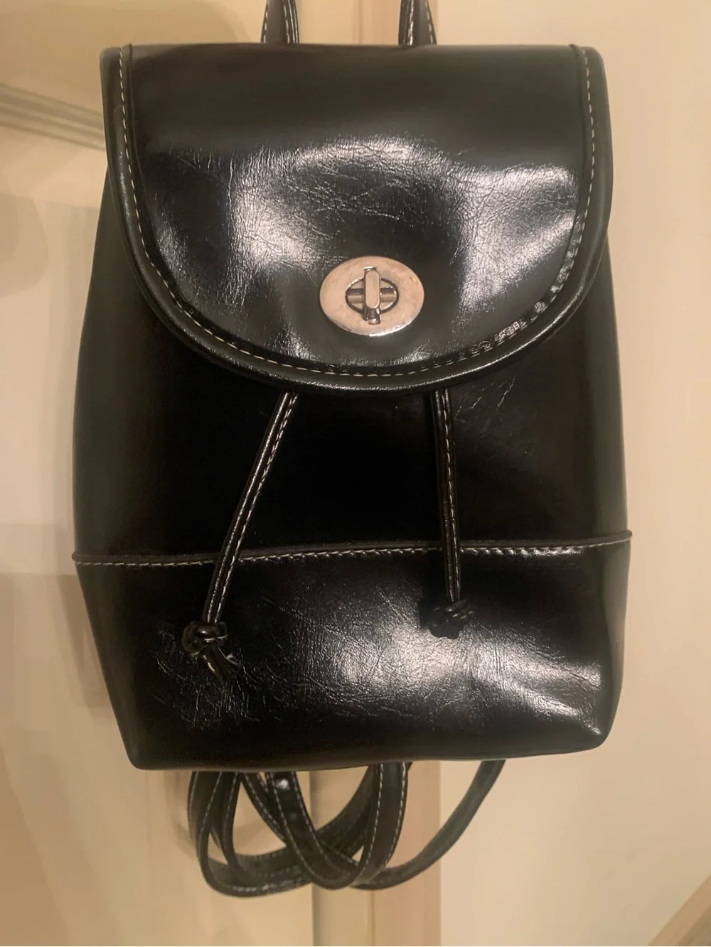 Black Faux Leather Drawstring Backpack - Unbranded